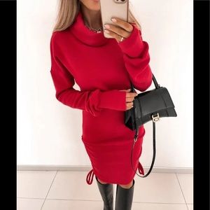 🎉Limited Offer Chic Casual Red Midi Turtleneck Ruched Dress